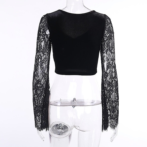 Black velvet long flare sleeve v-neck top - Picture 7 of 12